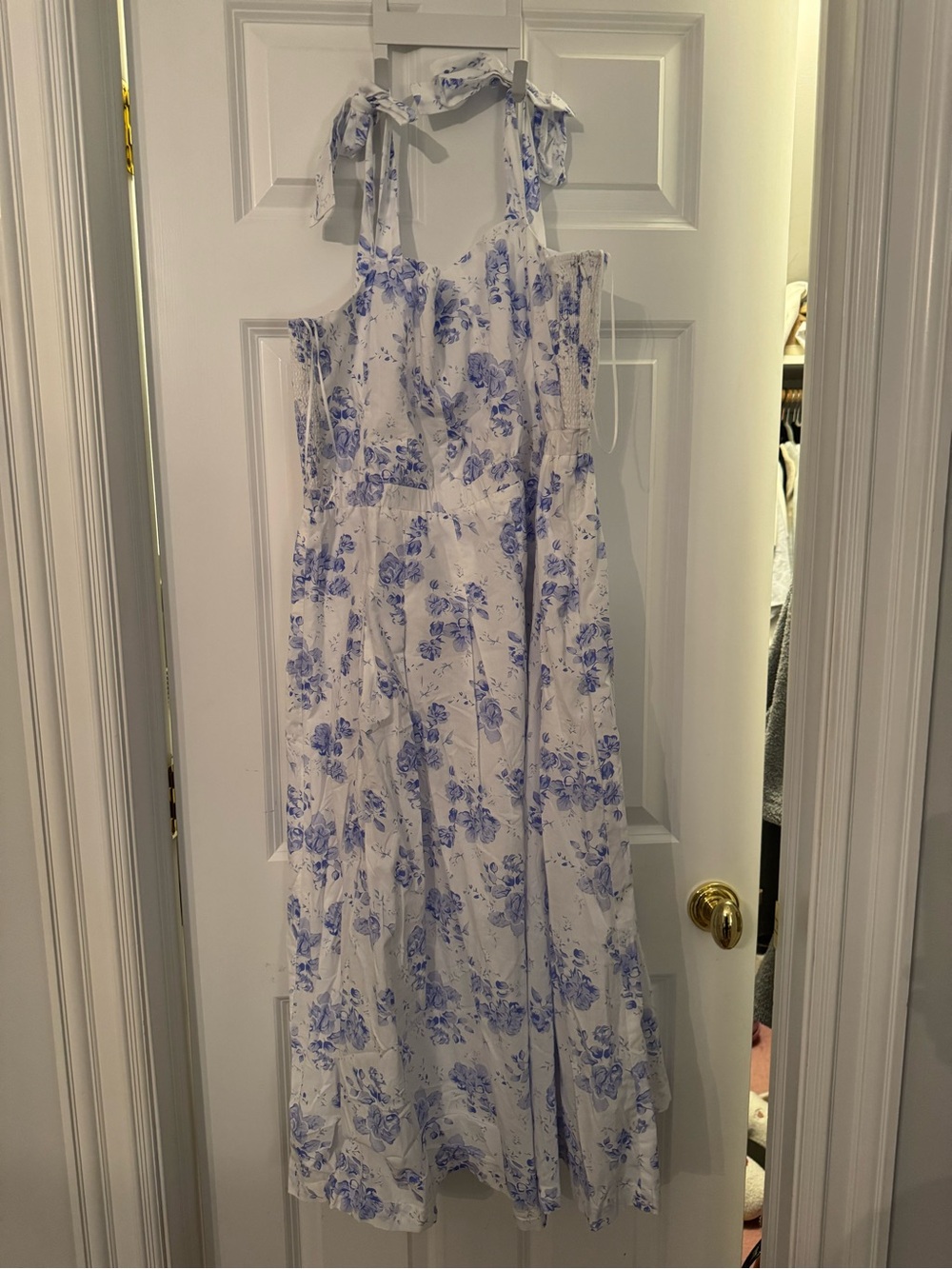 Blue Floral Midi Dress with Tie Straps